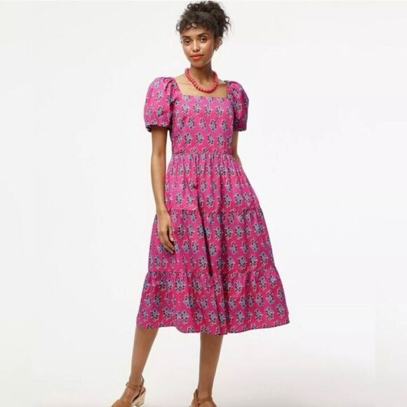 J. Crew Factory Womens Tiered Midi Dress 12 Pink Puff Sleeves Floral Milkmaid - Picture 4 of 14
